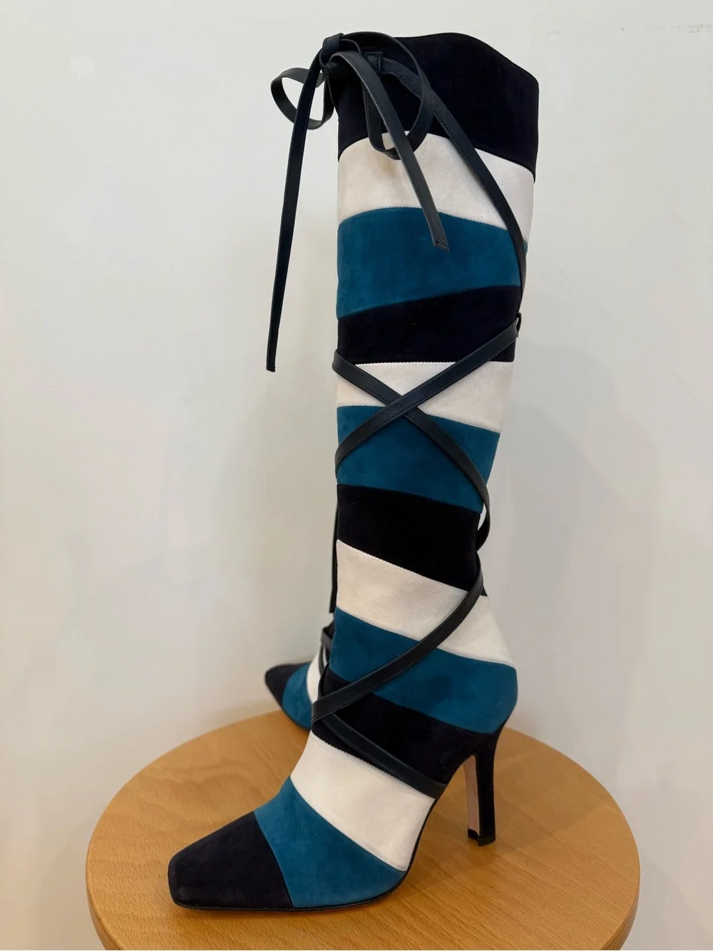 Manolo Blahnik Striped Teal, Black & White Lace-Up Knee Boot